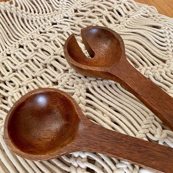 Vintage Chunky Long Wooden Server Set Black Tip Mid Century Slotted Spoon Salad - Picture 5 of 7